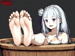 ai_generated barefoot bath emilia_(re:zero) feet foot_fetish foot_focus gigatsu re:zero_kara_hajimeru_isekai_seikatsu simple_background sole_female soles toes wet_body white_hair
