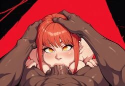 abs ai_generated aipixelporn big_ass big_breasts big_penis blowjob dark-skinned_male female hand_on_head heart-shaped_pupils makima_(chainsaw_man) muscles nude oral_sex