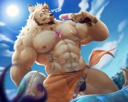 2023 abs anothereidos_of_dragon_vein_r anthro beach biceps bikini_thong bulge cancerdoge canid canine canis clothing detailed_bulge food fur hi_res male mammal muscular muscular_anthro muscular_male nipple_piercing nipples pecs piercing popsicle solo swimwear tongue wolf yellow_body yellow_fur zacharoff_(anothereidos_r)
