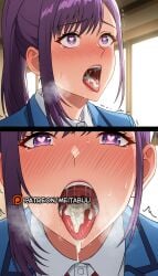 2koma after_fellatio blue_jacket blush collared_shirt comic cum cum_in_mouth cum_on_tongue cumdrip female gokkunsung_jin-ah heart heart-shaped_pupils indoors jacket long_hair meitabuu nose_blush open_mouth ponytail purple_eyes purple_hair saliva school_uniform shirt solo_leveling sweat symbol-shaped_pupils tearing_up tears teeth tongue tongue_out trembling uvula white_shirt window