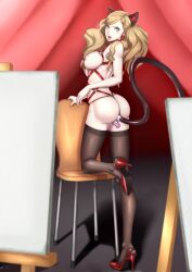 10s absurdres anal anal_beads anal_object_insertion anal_tail animal_ears aqua_eyes ass blonde_hair blush bondage bondage_harness breasts butt_plug cat_ears cat_tail chariotlee dildo dildo_harness double_penetration easel fake_animal_ears fake_tail female female_focus hair_ornament hairclip harness high_heels highres large_breasts long_hair looking_at_viewer multiple_penetration nipple_piercing nipple_rings nipples object_insertion open_mouth painting persona persona_5 piercing puffy_nipples pussy sex_toy solo standing tail takamaki_anne thighhighs uncensored vaginal_object_insertion vaginal_penetration