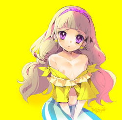 1girls amanogawa_kirara artist_name bare_shoulders blush brown_hair clothing earrings edoya_pochi english eyelashes female flat_chest go!_princess_precure hair_ornament hair_ribbon jewelry long_hair looking_at_viewer nipples pants precure pretty_cure purple_eyes purple_ribbon ribbon shirt signature simple_background sitting small_breasts solo star star_earrings tied_hair twintails undressing yellow_background yellow_shirt