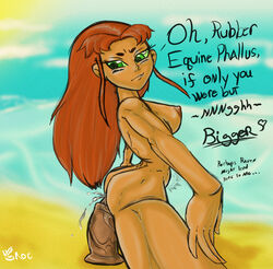 1girls beach crocface dc dildo english_text equine_dildo female female_only green_eyes masturbation red_hair sex_toy side_view solo solo_female starfire stomach_bulge teen_titans text