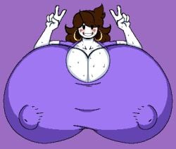 aged_up blush breasts breasts_bigger_than_head brown_hair double_v earrings erect_nipples erect_nipples_under_clothes gigantic_breasts grin huge_breasts huge_breasts hyper_breasts jaiden jaiden_animations looking_at_viewer massive_breasts massive_tits milf mommy naughty_smile prismal_dynamo purple_shirt shirt smile