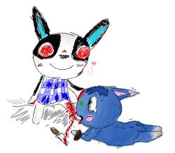 animal_crossing anthro arms_tied bannertail black_body black_ears black_eyes black_fur blood blood_on_face blood_on_fur blood_on_hand blood_on_knife blue_body blue_fur blue_hair blush blush_stickers bodily_fluids bottomless bound closed_smile clothed clothing cut_(wound) dipstick_ears domestic_cat domestic_rabbit dotty_(animal_crossing) dress duo ear_markings ears_down feet felid feline felis female female/female fur genital_fluids gore hair heart_symbol ill knife laceration lagomorph leporid licking_wound mammal mouth_closed multicolored_body multicolored_ears multicolored_fur nausea nintendo nude oryctolagus pattern_clothing pattern_dress pivoted_ears questionable_consent rabbit red_eyes rosie_(animal_crossing) shaking sitting smile sweat tail tail_between_legs tears vaginal_fluids white_body white_ear_tips white_feet white_fur