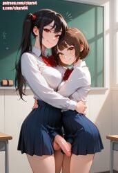 2futas ai_generated amber_eyes big_ass big_breasts big_penis black_hair brown_hair charv futa_on_futa futa_only futadom futanari hugging lily_(charv) long_hair looking_at_viewer red_eyes short_hair twintails