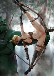 1boy blonde_hair body_modification bondage bondage_gear bound_ankles bound_arms bound_hands bound_legs bound_wrists bow_(weapon) captured crying defeat defeated defeated_heroine female green_skin large_ass large_breasts large_butt large_thighs legs_open legwear orc orc_male rope rope_bondage ropes short_hair slave slavegirl tears teeth_clenched weapon weapons