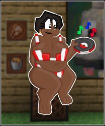 a_minecraft_movie big_breasts black_hair breasts bucket chicken_meat chubby chubby_female dark-skinned_female dark_skin dawn_(a_minecraft_movie) earrings female human jukebox lava minecraft musical_note note_block painting striped_bikini vinyl vinyl_record zoyeensadart