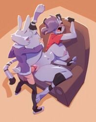 animal_humanoid anthro balls bigdad blush bottomwear bottomwear_down chair clothed clothing duo felid feline female footwear furniture genitals hair hair_over_eye holding_leg humanoid jacket jersey kai_(bosstones) lagomorph lagomorph_humanoid leopardus leporid leporid_humanoid male male/female mammal mammal_humanoid nipples ocelot pants pants_down partially_clothed rabbit rabbit_humanoid raised_leg sex shirt shoes sneakers topwear vaginal_penetration yvette_(kilinah)
