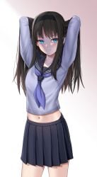 1girls arms_behind_head arms_up black_hair black_hairband black_skirt blouse blue_eyes blue_neckerchief blue_sailor_collar blue_shirt blush closed_mouth collarbone commentary_request commission hairband highres long_hair long_sleeves looking_at_viewer matrix16 midriff mixed-language_commentary navel neckerchief pleated_skirt sailor_collar school_uniform serafuku shirt simple_background skirt solo tohno_akiha tsukihime tsukihime_(remake)