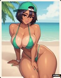 1girls 2025 ai_generated alternate_version_available beach big_breasts bikini bra breast_press breasts brown_eyes brown_hair cleavage female female_only hat huge_breasts huge_thighs n_1611 navel panties solo solo_female thick_thighs