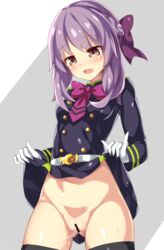 bar_censor black_legwear blush bow brown_eyes cameltoe censored clothes gloves hairbow hiiragi_shinoa looking_down no_panties open_mouth owari_no_seraph panties purple_eyes pussy pussy_juice side-tie_panties simple_background skirt skirt_lift sweatdrop thighhighs unacchi_(nyusankin) underwear uniform