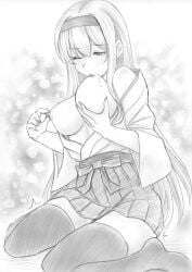 breast_lift breast_sucking breasts breasts_out clothing fd_(fd_sanmaru) female female_masturbation grabbing_own_breast graphite_(medium) greyscale hair_between_eyes hakama hakama_short_skirt hakama_skirt headband highres japanese_clothes kantai_collection large_breasts licking_own_nipple long_hair medium_breasts monochrome nipple_stimulation nipple_tweak one_eye_closed selfie_pose shoukaku_(kancolle) skirt solo stockings sucking_own_breasts thighhighs traditional_media very_long_hair