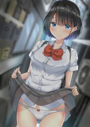 1girls alley ass_visible_through_thighs backpack bad_id bad_pixiv_id bag black_hair black_skirt blue_eyes blurry blurry_background blush bow bow_panties bowtie bra bra_peek button_gap clothes_lift collarbone collared_shirt commentary_request dutch_angle female hair_ornament hairclip highres lifting_own_clothes looking_at_viewer original panties pleated_skirt red_bow red_bowtie school_uniform shirt skirt skirt_lift solo standing sunsun2812 thighs underwear white_panties white_shirt