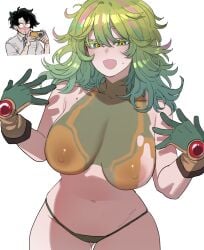 1boy 1girls alternate_costume areola areolae areolae_slip bare_shoulders blush blush_lines bodypaint boku_no_hero_academia bra breasts bushy_eyebrows cameltoe camera canon_costume crop_top female female_focus gloves green_eyes green_hair hand_gesture happy happy_female hero_outfit_(mha) izuku_midoriya light_skin long_hair looking_at_viewer male medium_breasts messy_hair midriff multicolored_eyes multicolored_hair my_hero_academia my_hero_academia_(finale) navel nipples nose_bleed official_alternate_costume painted_clothes panties pink_highlights pointing pointing_at_self post-timeskip pussy ratatatat74 showing_breasts showing_off smile smirk solo sports_bra taking_picture thick_thighs tie tooru_hagakure tooru_hagakure_(post-timeskip) tooru_hagakure_(visible) topless_female tube_top white_background wide_hips