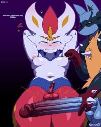 2boys cinderace cock_slap cuchuflin femboy gay lucario male mega_evolution mega_lucario nipple_play penis_size_difference pokemon pokemon_(species) small_penis_humiliation