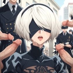 ai ai_generated anime black_outfit blindfold cum ejaculation female female gang_bang gangbang group_sex multiple_penises nijisanji public public_sex short_hair white_hair