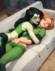 2girls after_kiss ai_generated ann_possible blush breast_press cheating cheating_wife clothed clothing cum dominant female_orgasm femdom fingering gloves gothic hand_in_pants hug kim_possible lipstick long_hair looking_at_another lying masturbation milf on_couch orgasm pale_skin pants pants_down pants_pull pussy_juice red_hair rtxfus rtxfus34 saliva saliva_string saliva_trail shego short_hair teasing tight_clothing yuri