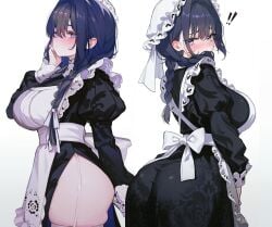 1girls ass big_breasts blue_eyes blue_hair blush braided_hair breasts clothed ear_blush embarrassed eyelashes female female_only frilled_dress garter_belt garter_straps highres hips hololive hololive_english hololive_english_-council- hololive_english_-promise- koahri large_breasts legwear light-skinned_female light_skin long_hair looking_at_viewer looking_back maid maid_headdress maid_outfit maid_uniform ouro_kronii pout pouting pouty_lips skindentation solo thick_thighs thighhighs thighs twin_braids uniform virtual_youtuber wide_hips
