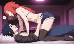 ai_generated bikini black_body black_eyes black_skirt booty cowgirl_position dominant_female drool drool_string drooling eye_contact female french_kiss hand_on_chest heart jean_shorts jeans kiss kissing lips looking_at_another looking_pleasured male male/female male_on_bottom naruto naruto_(series) naruto_shippuden on_back on_bed red_eyes red_hair saliva saliva_drip saliva_on_tongue saliva_string saliva_trail sasuke_uchiha sex sleeves sleeves_rolled_up spit spitting_in_mouth spoken_heart straddling thighhighs uchiha_sasuke uzumaki_karin