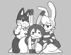 1girls 2boys aintsmart animal_crossing black_and_white bottomless chrissy_(animal_crossing) clothed clothes dumbun feline female femboy gay half-dressed lagomorph leash male male/male mammal monochrome nintendo original original_character punchy_(animal_crossing) rabbit sex straight video_games yaoi