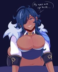 1boy bbm big_belly chubby chubby_male cleavage dialogue geep genshin_impact huge_breasts human kaeya_(genshin_impact) large_breasts male male_only moobs overweight overweight_male text