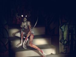 absurd_res anthro blood bodily_fluids bra breasts canid canine canis cleavage clenched_teeth clothed clothing digital_media_(artwork) domestic_dog dress female fingers frostbite80_(artist) fur glowing glowing_eyes gore graffiti graffiti_on_wall hi_res looking_at_viewer mammal necrosis night open_wound scary skinny skinny_anthro skinny_female solo stairs tail teeth underwear wounded