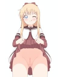 :p artist_name blonde_hair blue_eyes bow brown_bow brown_dress brown_sailor_collar censored chrislu07 clothes_lift dress dress_lift female from_below hairbow highres lifting_own_clothes light_blush light_smile long_sleeves looking_at_viewer looking_down nanamori_school_uniform one_eye_closed pussy sailor_collar sailor_dress school_uniform sidelocks simple_background solo straight_hair thighs tongue tongue_out toshinou_kyouko underwear vest white_background white_vest yuruyuri