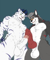 animal_genitalia anthro balls black_body black_fur blue_hair blush canid canine canine_genitalia canis claws comparing duo felid fur genitals green_eyes grey_body grey_fur grey_hair hair head_crest hi_res horn humanoid_genitalia humanoid_penis hunterramirez karl_(karlwolf) knot knotted_penis male mammal muscular muscular_anthro muscular_male pantherine pecs penis size_difference striped_body striped_fur stripes tiger toboe_(toboe2) vein veiny_penis white_body white_fur wolf yellow_eyes