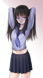 1girls absurdres arms_behind_head arms_up black_hair black_hairband black_skirt blouse blue_eyes blue_neckerchief blue_sailor_collar blue_shirt blush closed_mouth collarbone commentary commission english_commentary hairband highres long_hair long_sleeves looking_at_viewer matrix16 midriff navel neckerchief pleated_skirt sailor_collar school_uniform second-party_source serafuku shirt simple_background skirt solo tohno_akiha tsukihime tsukihime_(remake)