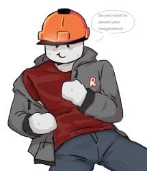 1boy blush builderman clothed clothing curvy english_text jacket looking_at_viewer male male_only roblox roblox_avatar robloxian self_upload sfw simple_background speech_bubble sweating tagme text undressing xr3dll