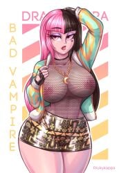 1girls big_breasts collarbone draculaura draculaura_g3 eyeshadow fangs fingerless_gloves fishnet_clothing fishnets flashing_breasts hand_on_head jacket looking_at_viewer lustful_gaze miniskirt monster_girl monster_high monster_high_g3 multicolored_hair necklace nipples nipples_visible_through_clothing pink_skin riukykappa slim_waist thick_ass thick_thighs vampire vampire_girl wide_hips