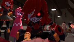 3d background_characters covered_eyes cowgirl_position femdom garry's_mod grin leaning_forward mercenary_(character) mimi_sentry motion_blur pov pov_eye_contact robot robot_girl short_hair team_fortress_2