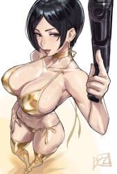 ada_wong bikini choker erect_nipples_under_clothes golden_bikini golden_choker gun juaagacgy milf resident_evil
