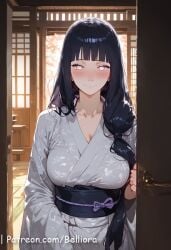 ai_generated arms_behind_back bangs bare_shoulders belliora blue_hair blunt_bangs blush breasts cheating cleavage cuckold cuckolding curvy female female huge_breasts hyuuga_hinata indoors lips long_hair looking_at_viewer name_tag naruto naruto_(series) netorare no_legwear orange_shorts pink_eyes purple_eyes purple_hair short_shorts shorts solo standing tank_top thick_thighs thighs uniform waitress window