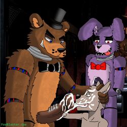 balls blue_eyes bonnie_(fnaf) cum cum_inside excited five_nights_at_freddy's foxblaster.dae freddy_(fnaf) machine male male_only mechanical open_mouth penis purple_eyes robot video_games