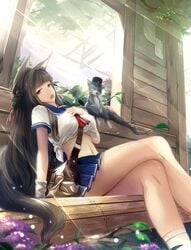 1girls animal animal_ears anthro arm_support bag bag_charm bangs bare_legs bench between_breasts black_eyes black_hair blue_skirt blunt_bangs braid breasts building cat crossed_legs female flower fox_tail hair_ornament hair_ribbon hand_on_own_chest high_resolution kikivi kitsunemimi large_breasts leaning_back legs long_hair long_legs looking_at_viewer midriff mini_skirt miniskirt navel neckerchief no_bra open_mouth original outdoors pixiv_id_5758007 pleated_skirt ribbon school_uniform serafuku shirt shirt_lift short_skirt short_sleeves shoulder_bag sitting skirt socks solo strap_between_breasts strap_cleavage summer sunlight tail thighs tied_hair tied_shirt tree_branch underboob very_high_resolution white_legwear window wrist_cuffs yawning