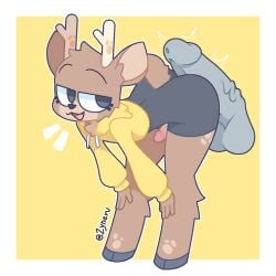 1:1 2024 anthro antlers artist_name ass balls bent_over black_clothing black_eyes border brown_body brown_fur clothed clothing cropped_hoodie deer disembodied_penis erection eyebrows femboy fur fur_markings genitals grey_hooves grey_penis hands_on_knees hands_on_legs happy hi_res hoodie hooves horn hot_dogging humanoid_genitalia humanoid_penis male mammal markings multicolored_body multicolored_fur narrowed_eyes oakley_(aiyhav_nouneim) open_mouth penis penis_on_butt raised_eyebrows sex short_tail simple_background solo standing tail tan_body tan_fur text topwear tuft two_tone_body two_tone_fur vein veiny_penis white_border yellow_background yellow_clothing yellow_hoodie yellow_topwear zyneru