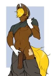 2:3 5_fingers abs absurd_res acres anatomically_correct anatomically_correct_genitalia anatomically_correct_penis animal_genitalia animal_penis anthro artist_jefferystrange balls blonde_hair bottomwear bottomwear_down brown_body clothed clothing clothing_lift cowboy_hat equid equine equine_genitalia equine_penis fingers genitals hair hat headgear headwear hi_res horse leg_markings male mammal markings medial_ring navel pants pants_down partially_clothed penis pubes shirt shirt_lift smile socks_(marking) solo topwear