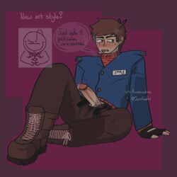 black_belt blue_coat blush brown_boots brown_hair brown_pants cigarette_in_mouth dick dick_out_of_pants dick_out_of_underwear eddsworld english_text fingerless_gloves huffing male_only name_tag paul_(eddsworld) penis pink_background pink_boxers precum precum_drip procreate_(software) random.whore red_army red_turtleneck scar_across_eye text_bubble unbuckled_belt unbuttoned_pants white_text