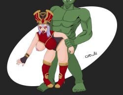 1boy 1girls bent_over big_breasts blizzard_entertainment female green_skin human human_(world_of_warcraft) interspecies light-skinned_female light_skin male orc orc_(warcraft) sally_whitemane sex warcraft white_hair world_of_warcraft