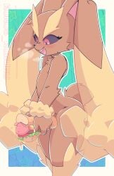 anthro bodily_fluids erection food food_fetish food_insertion food_play fur generation_4_pokemon genital_fluids genitals hi_res improvised_sex_toy kurus lopunny male mammal masturbation nintendo nipples nude penis pokemon pokemon_(species) sandwich_(food) smile solo