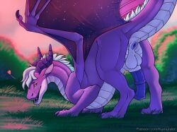 animal_genitalia anus ass balls claws dragon feral fur genitals grass hi_res horn male mane membrane_(anatomy) membranous_wings mythological_creature mythological_scalie mythology penis plant purple_anus purple_body purple_claws purple_horn purple_penis purple_scales raised_tail scales scalie sheath shinigamisquirrel solo tail white_body white_fur white_mane wings