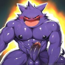 aura blush erection evil_grin gengar huge_cock looking_at_viewer muscular pokemon pokemon_(species) pokephilia