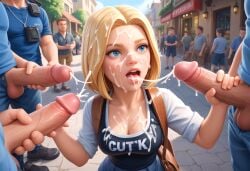 ai ai_generated anime_style blonde_woman blue_eyes blue_jeans cum_dripping cum_on_breasts cum_on_face cum_on_mouth cumshot daytime ejaculation female female gang_bang gangbang large_breasts white_tank_top