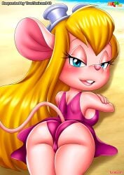 1girls anthro ass bbmbbf beach blush buckteeth chip_'n_dale_rescue_rangers disney female female_only fur34 furry gadget_hackwrench looking_at_viewer mouse open_mouth palcomix rodent solo teeth tongue