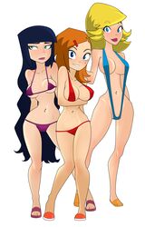 3girls amanda_levay belly bikini birthmark blonde_hair blue_eyes blue_hair breasts disney female green_eyes heidi_weinerman legs long_hair marci_mcfist mole mole_under_eye multiple_girls navel orange_hair purple_eyes randy_cunningham:_9th_grade_ninja rodjim standing swimsuit the_sorceress thighs