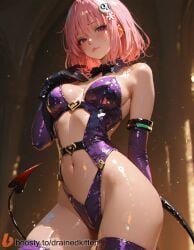 ai_generated arm_behind_back artist_name bare_shoulders black_bow black_bowtie black_gloves blush bob_cut boosty boosty_username bow bowtie breasts center_opening closed_mouth clothing_cutout cowboy_shot demon_girl demon_tail detached_collar elbow_gloves female flower gloves hair_flower hair_ornament hand_on_own_chest hand_up highleg highleg_leotard latex latex_gloves leotard lips looking_at_viewer medium_breasts momo_velia_deviluke navel navel_cutout patreon_username pink_hair purple_eyes purple_gloves purple_leotard purple_thighhighs revealing_clothes shiny_clothes shiny_skin short_hair solo standing stomach strapless strapless_leotard tail thighhighs thighs to_love-ru watermark web_address