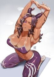 abs female female_only horns lilminindahouse muscular_female sports_bra sportswear stretching yoga_mat