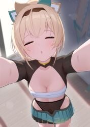 1girls arms_up blonde_hair blurry_background bodysuit breasts cleavage closed_eyes female female_only highres hololive holox kazama_iroha kissing kissing_viewer ponytail sarashi shoreen0504 skirt squished_breasts tatami viewed_from_above virtual_youtuber